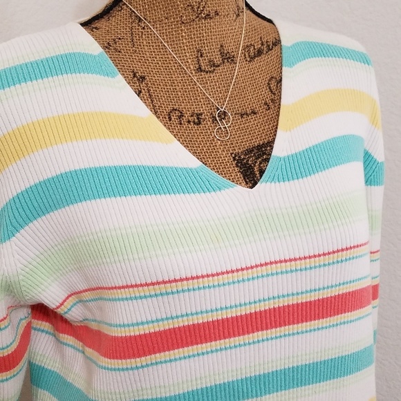 Cherokee Teal Orange yellow striped v-neck sweater  top Lrg. - Picture 2 of 7